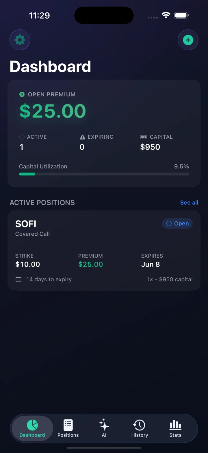 WheelAI dashboard showing open premium and active positions